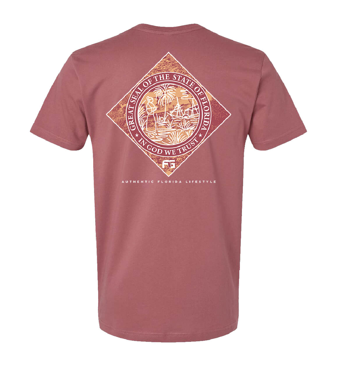 Red shirt with a diamond design on the back featuring the seal of Florida.