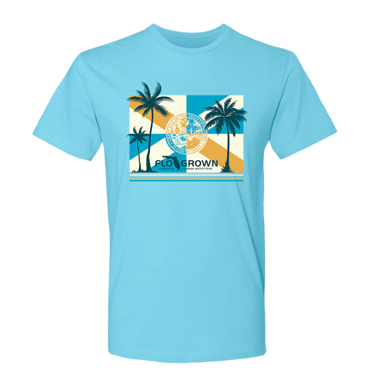 Light blue t-shirt with palm trees over the Florida flag in a multiplane design.