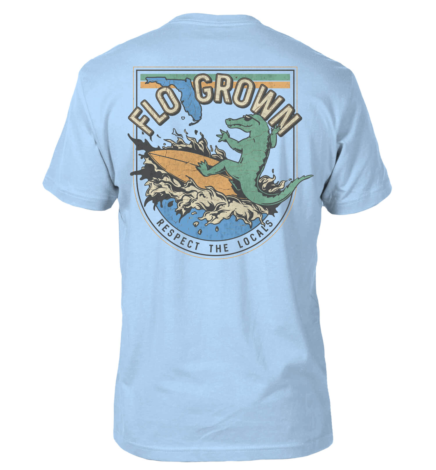Light blue t-shirt with a graphic of an alligator surfing and the text 'RESPECT THE LOCALS'.