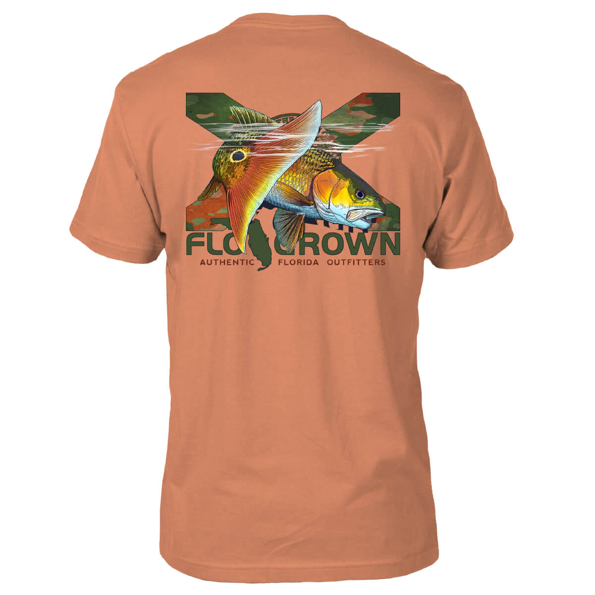 Orange shirt with a Florida flag in green and a fish over it with the FloGrown logo underneath.