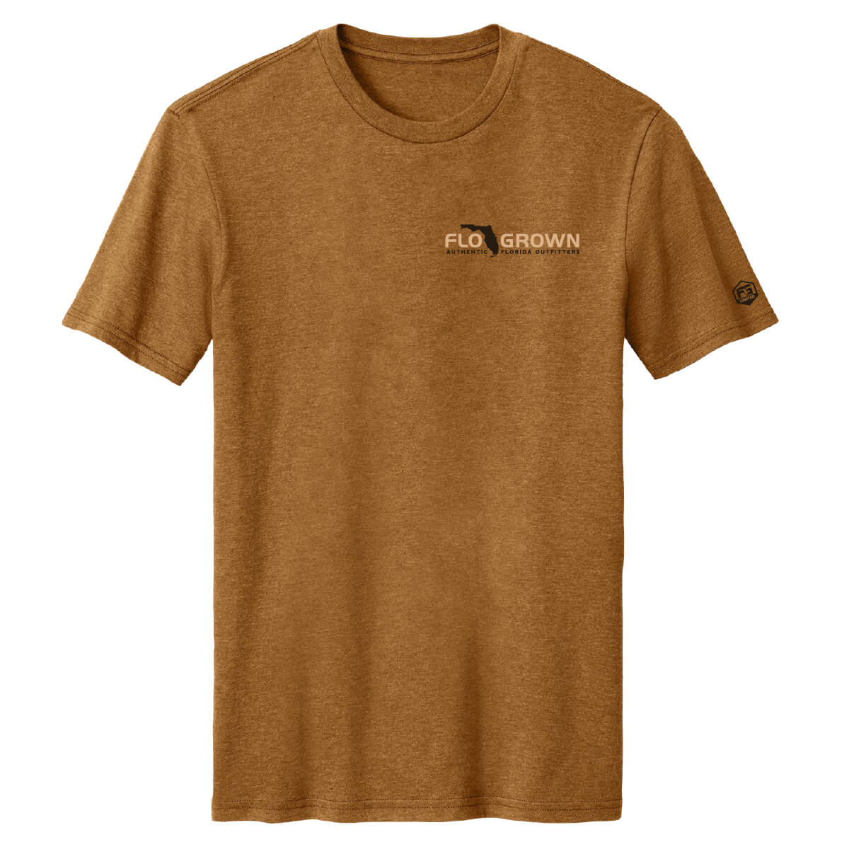 Brown t-shirt with a FloGrown logo on the chest