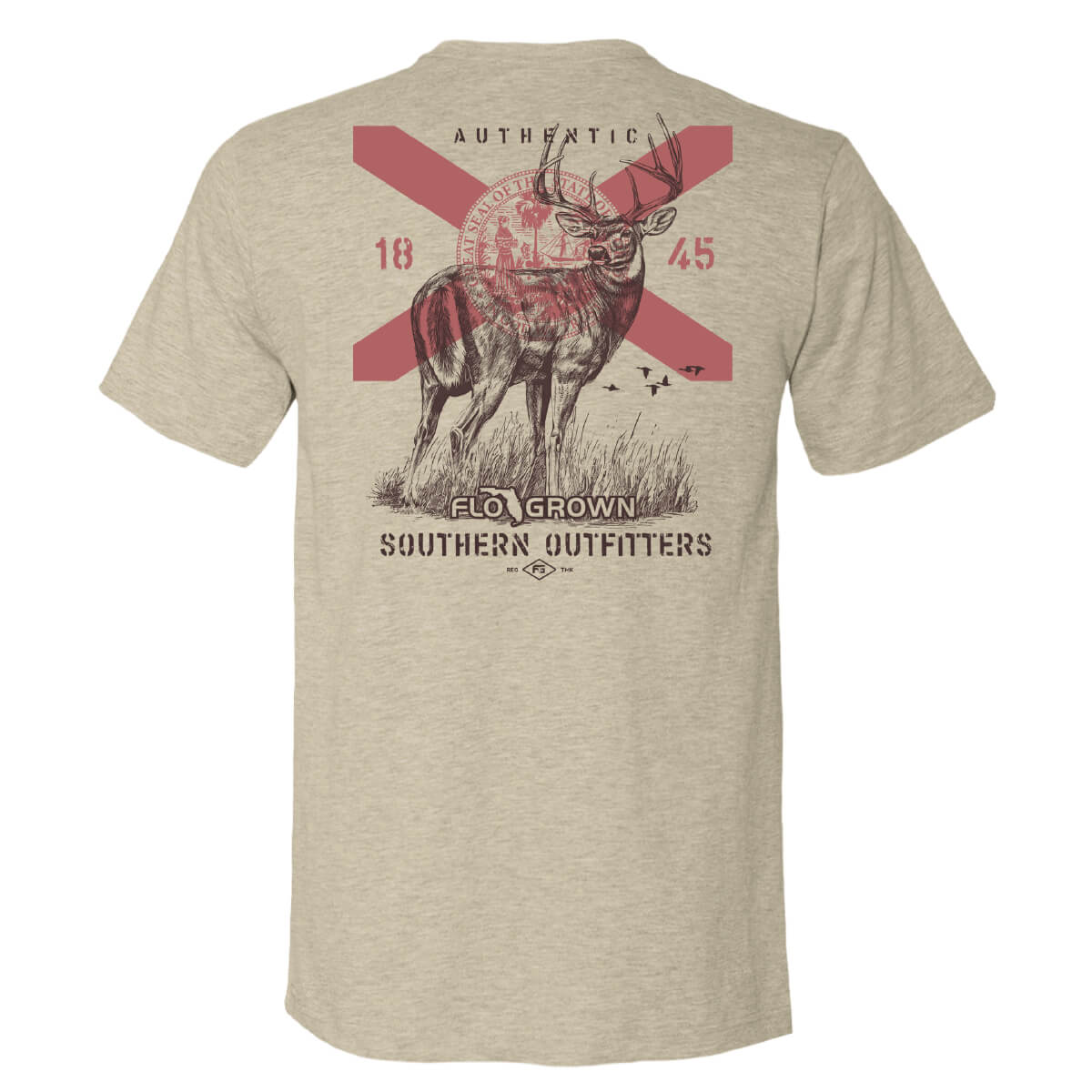 Heather tan tee with a graphic of a buck and the Florida flag on the back.