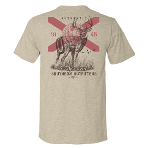 Heather tan tee with a graphic of a buck and the Florida flag on the back.