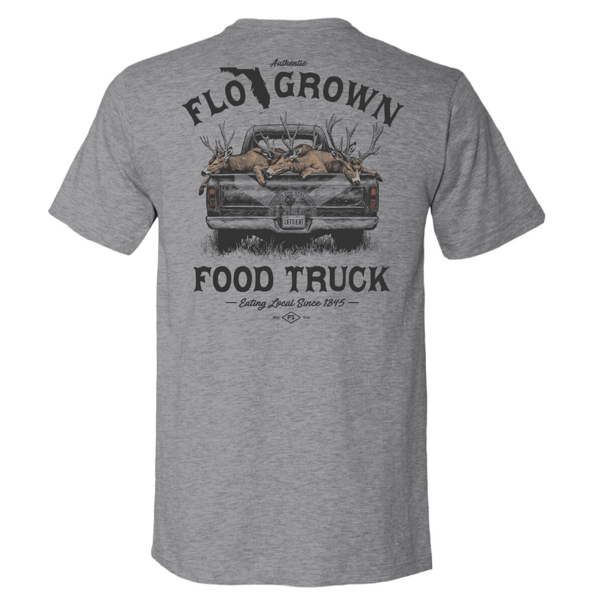 Heather gray tee with a graphic of a truck with several bucks in the bed and the text 'FLOGROWN FOOD TRUCK'.