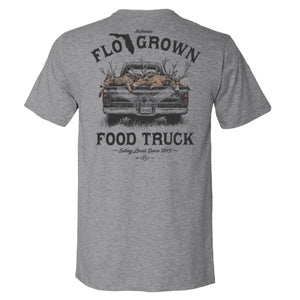 Heather gray tee with a graphic of a truck with several bucks in the bed and the text 'FLOGROWN FOOD TRUCK'.