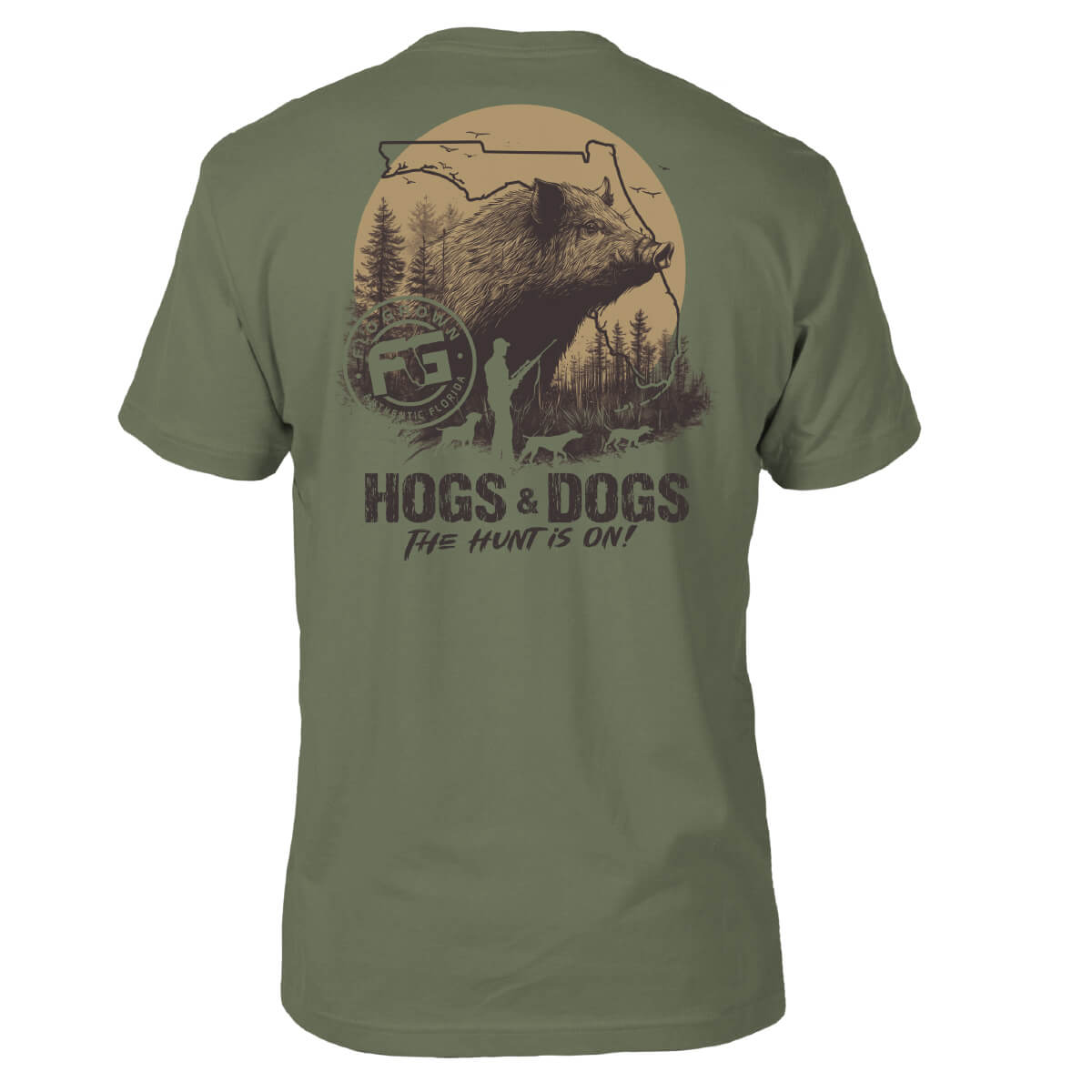 Green tee with a graphic of a hog in a forest and an outline of the state of Florida behind it with the words 'HOGS & DOGS THE HUNT IS ON!'.