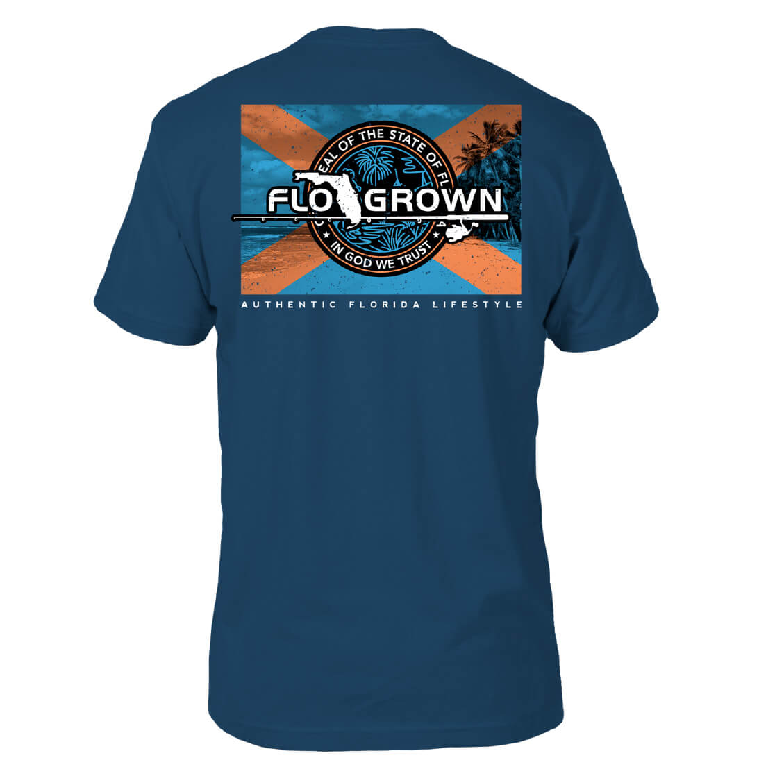 Blue tee with a graphic of a beach and the Florida flag over it with orange on blue.