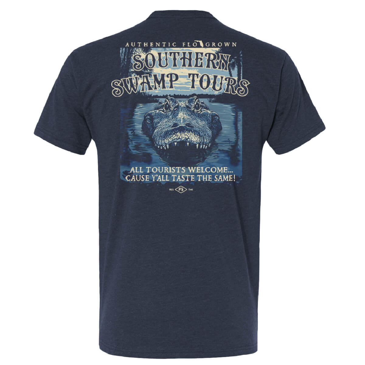 Heather navy tee with a graphic of a gator in the swamp and text 'SOUTHERN SWAMP TOURS'.