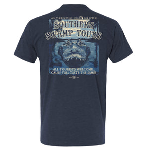Heather navy tee with a graphic of a gator in the swamp and text 'SOUTHERN SWAMP TOURS'.