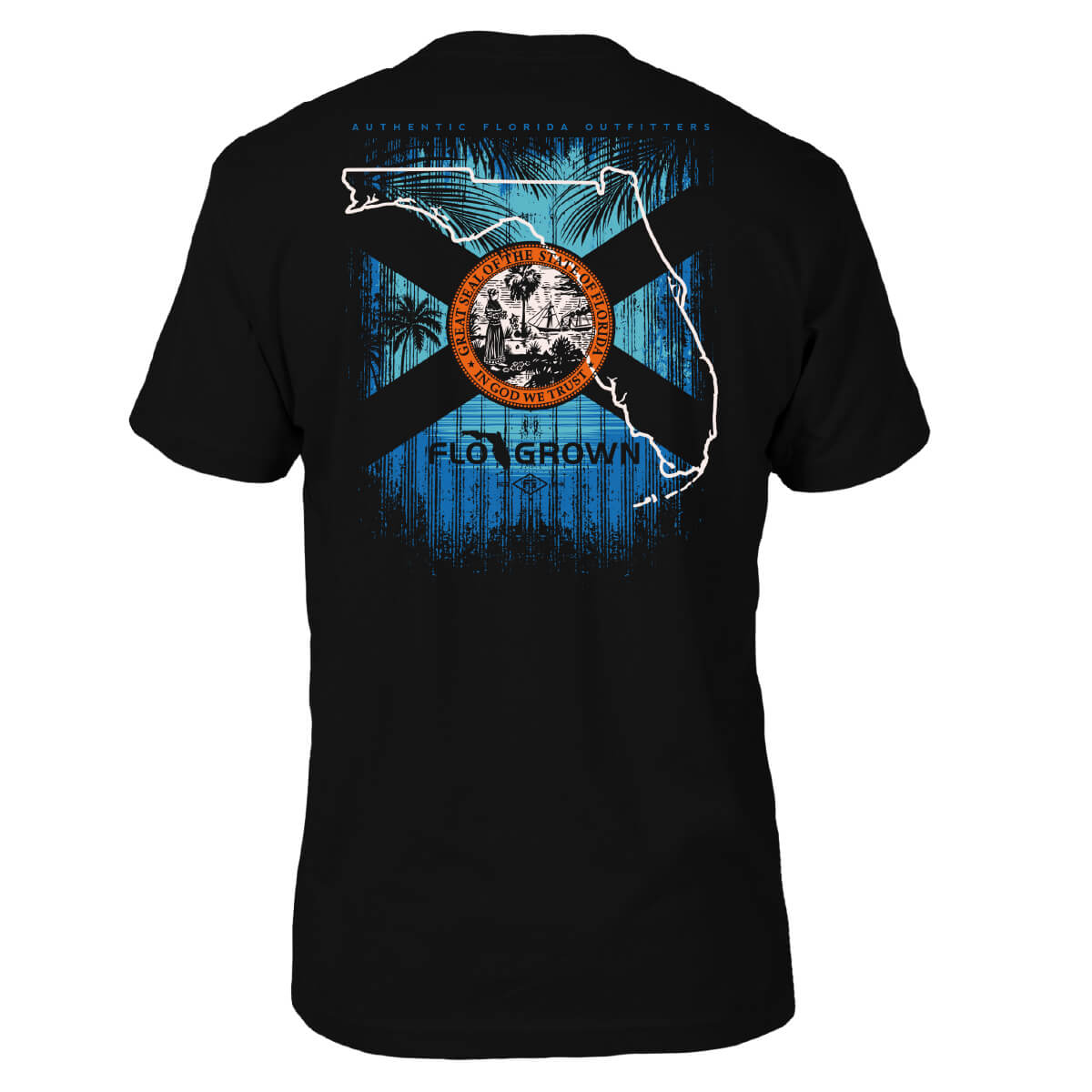 Black tee with a graphic of palm trees and the Florida flag in black on the back and the silhouette of Florida in white.