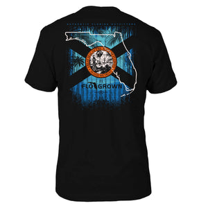 Black tee with a graphic of palm trees and the Florida flag in black on the back and the silhouette of Florida in white.