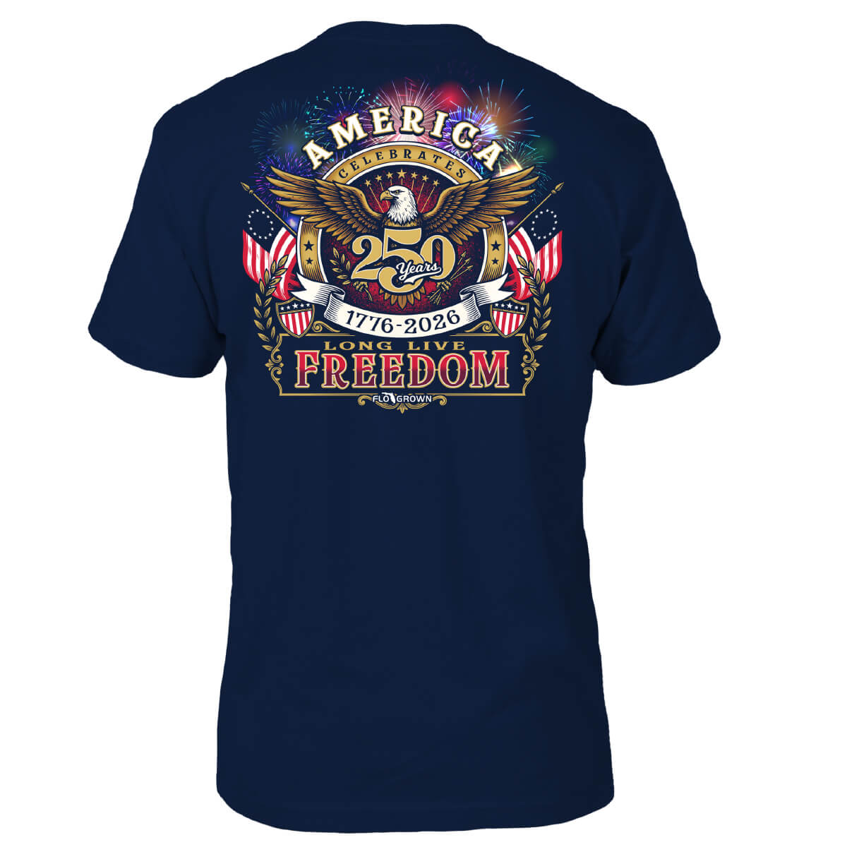 Navy blue shirt with an Independence Day graphic featuring text '25 YEARS' and 'LONG LIVE FREEDOM' with an eagle and fireworks and the American flag.