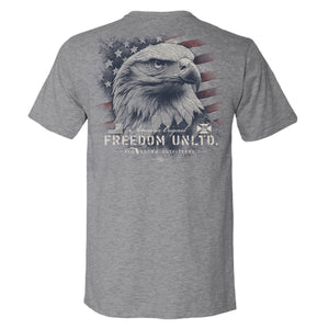 Heathered gray tee with a graphic of an American flag with an eagle and the text 'FREEDOM UNLTD.'.