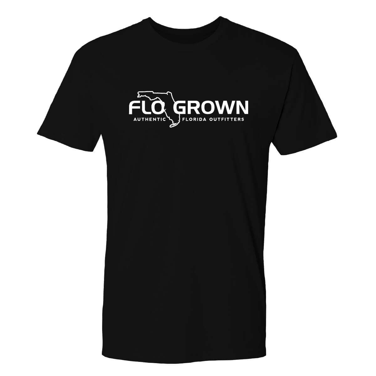Black t-shirt with a white FloGrown logo across the chest.