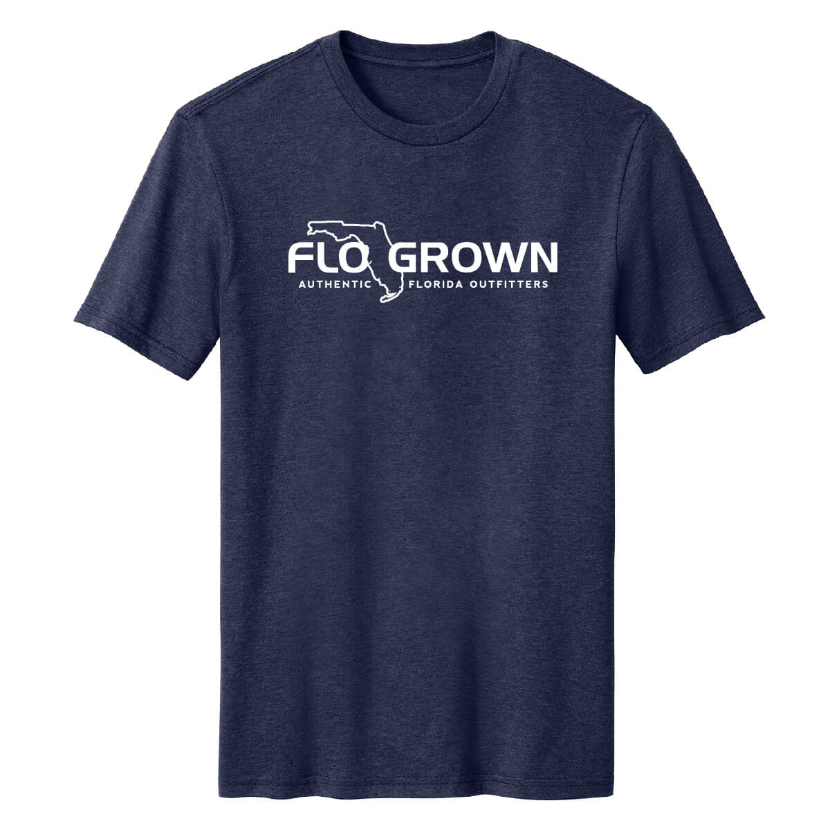 Navy tee with a white FloGrown logo on the center chest.