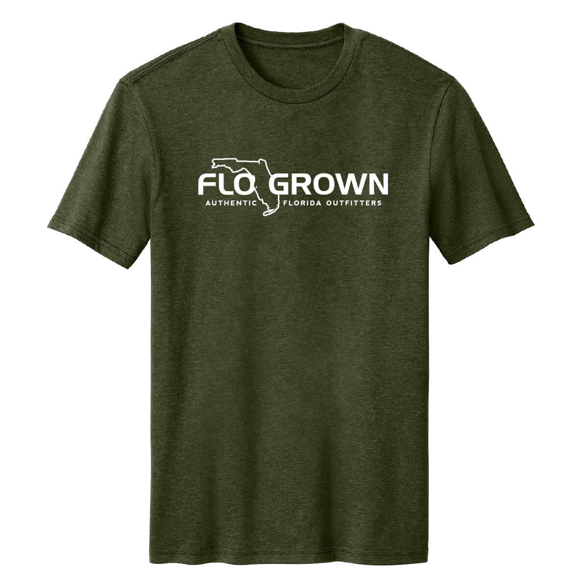 Green t-shirt with a white FloGrown logo across the chest.