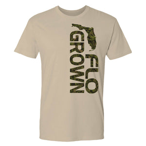 Tan tee with vertical FloGrown logo on the left side in camouflage.