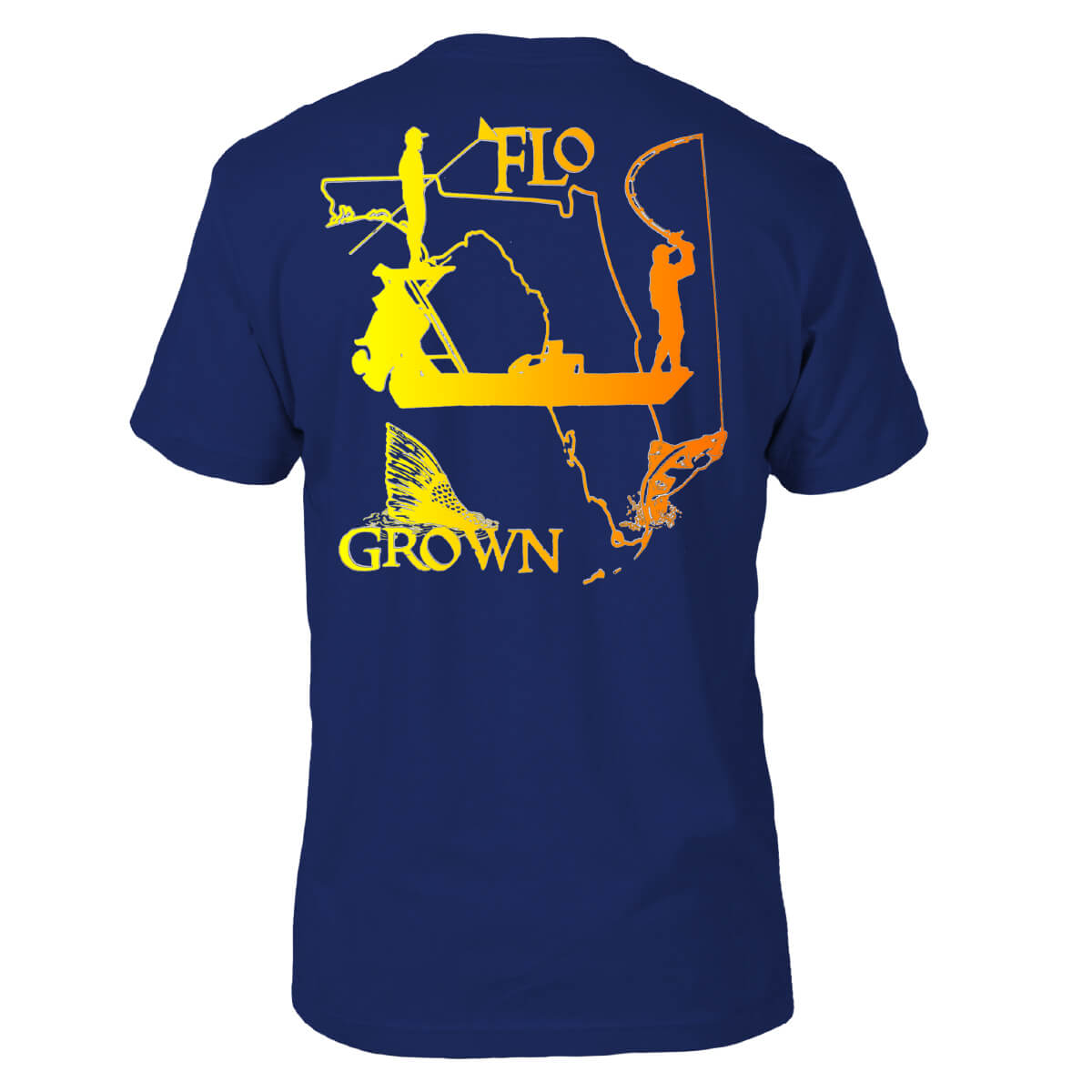 Navy blue tee with a yellow and orange gradient design of the silhouette of Florida and two fishermen on a boat.
