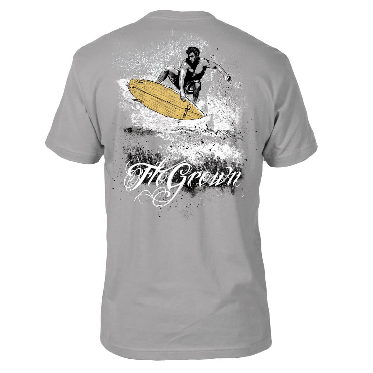 Gray t-shirt with a graphic of a surfer and the FloGrown logo on the back.