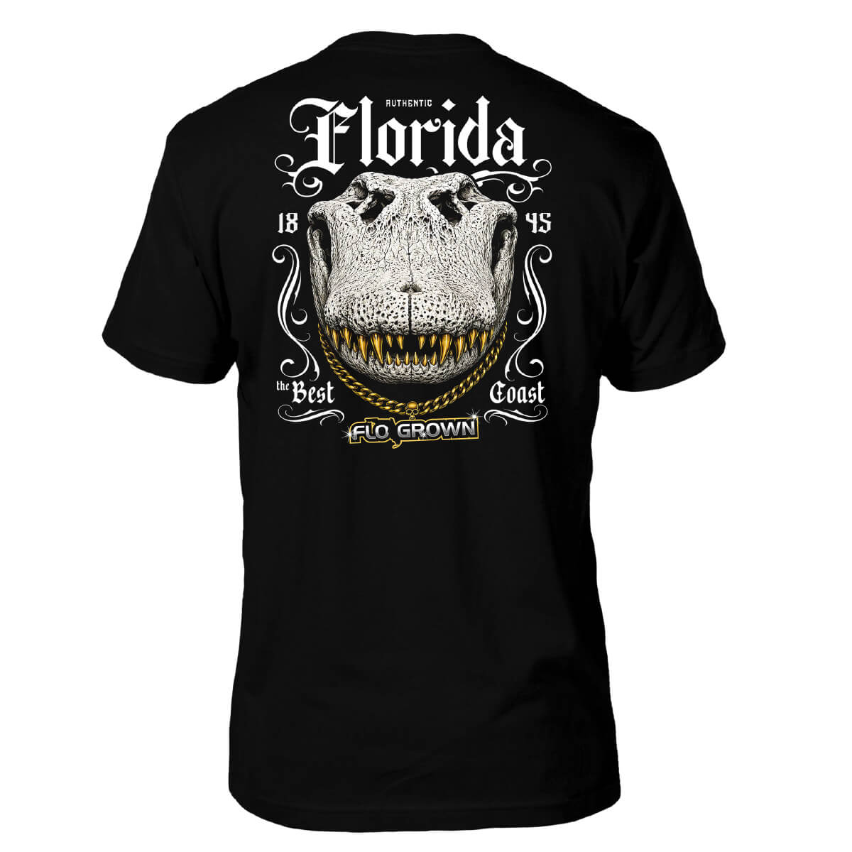 Black tee with a skull of a gator with gold teeth and a gold chain.
