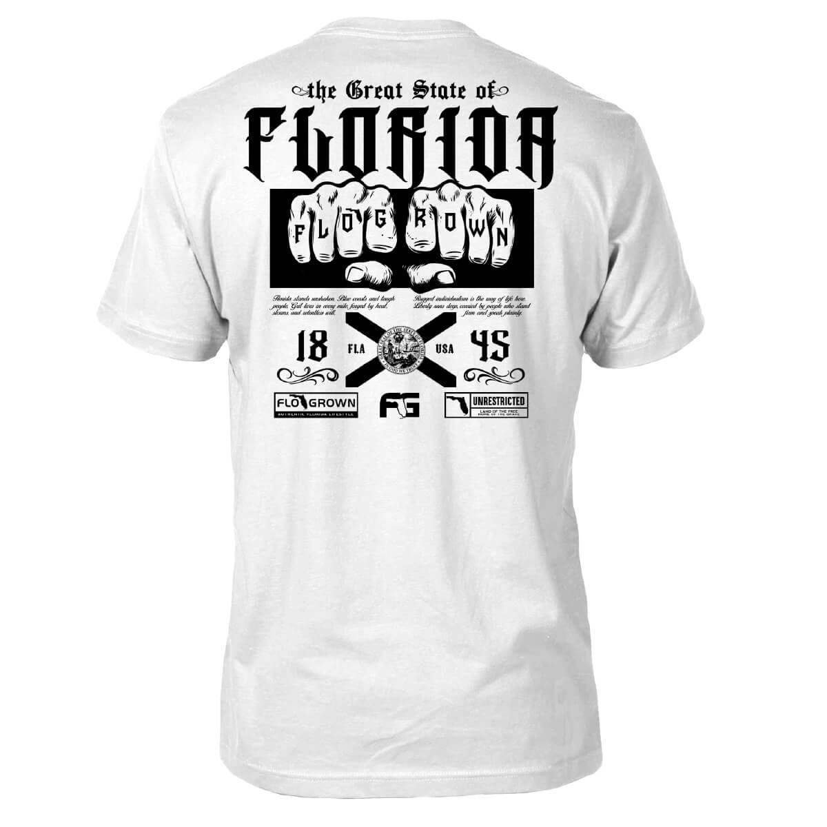 White tee with a graphic featuring fists with 'FLOGROWN' spelled across them and text at the top in an urban style 'the Great State of FLORIDA'.