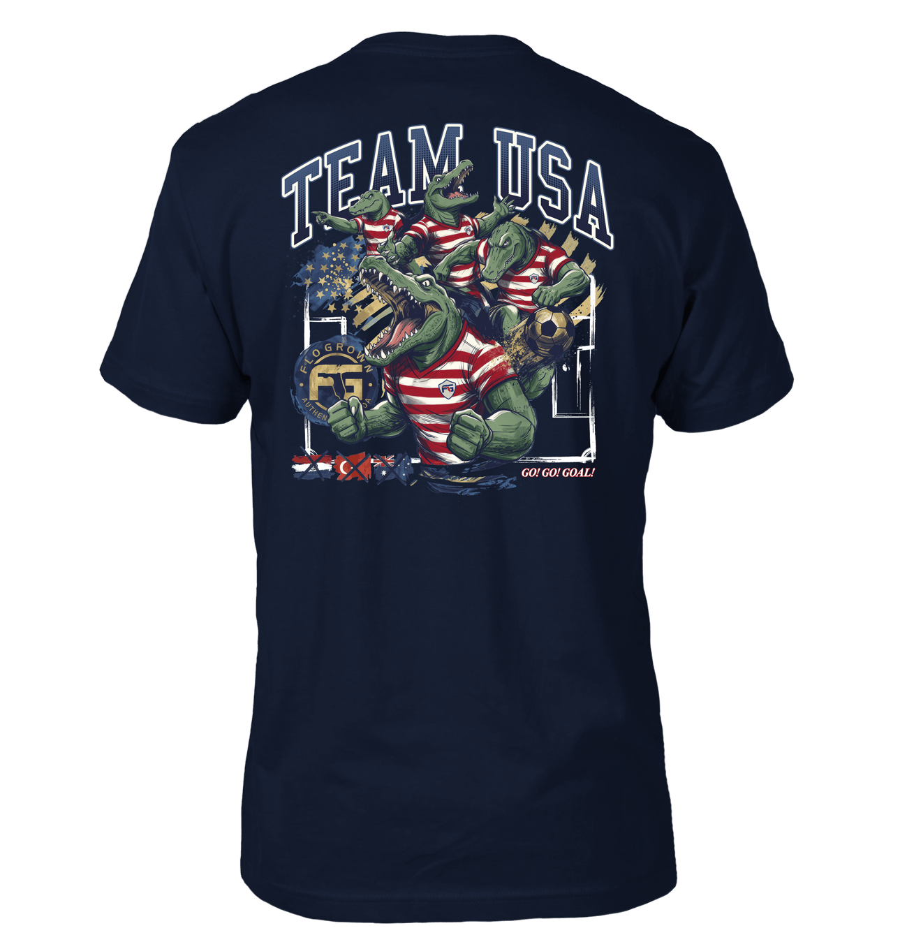 Navy blue t-shirt with 'Team USA' graphic featuring a gator in a USA uniform in different poses.