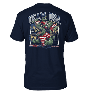 Navy blue t-shirt with 'Team USA' graphic featuring a gator in a USA uniform in different poses.