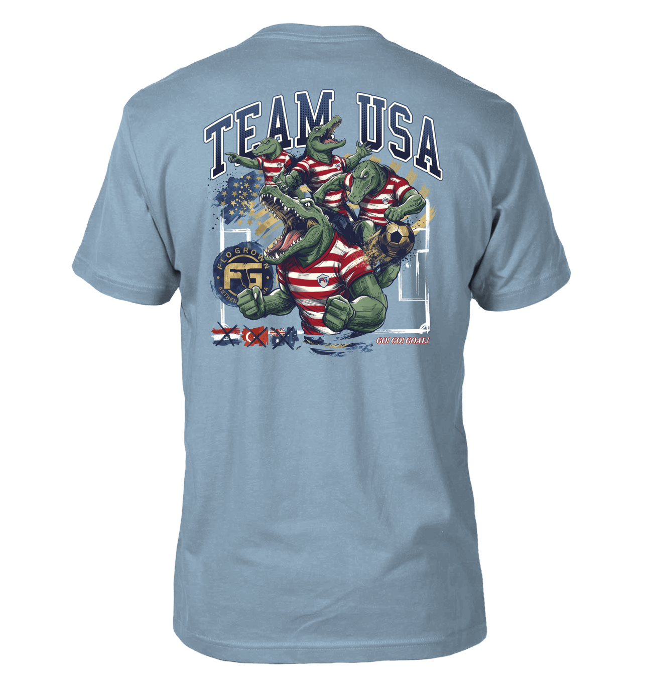 Light blue t-shirt with 'Team USA' graphic featuring a gator in a USA uniform in different poses.
