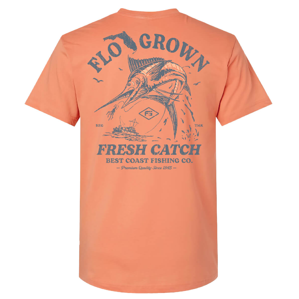 Peach-colored t-shirt with fishing graphic of a marlin.