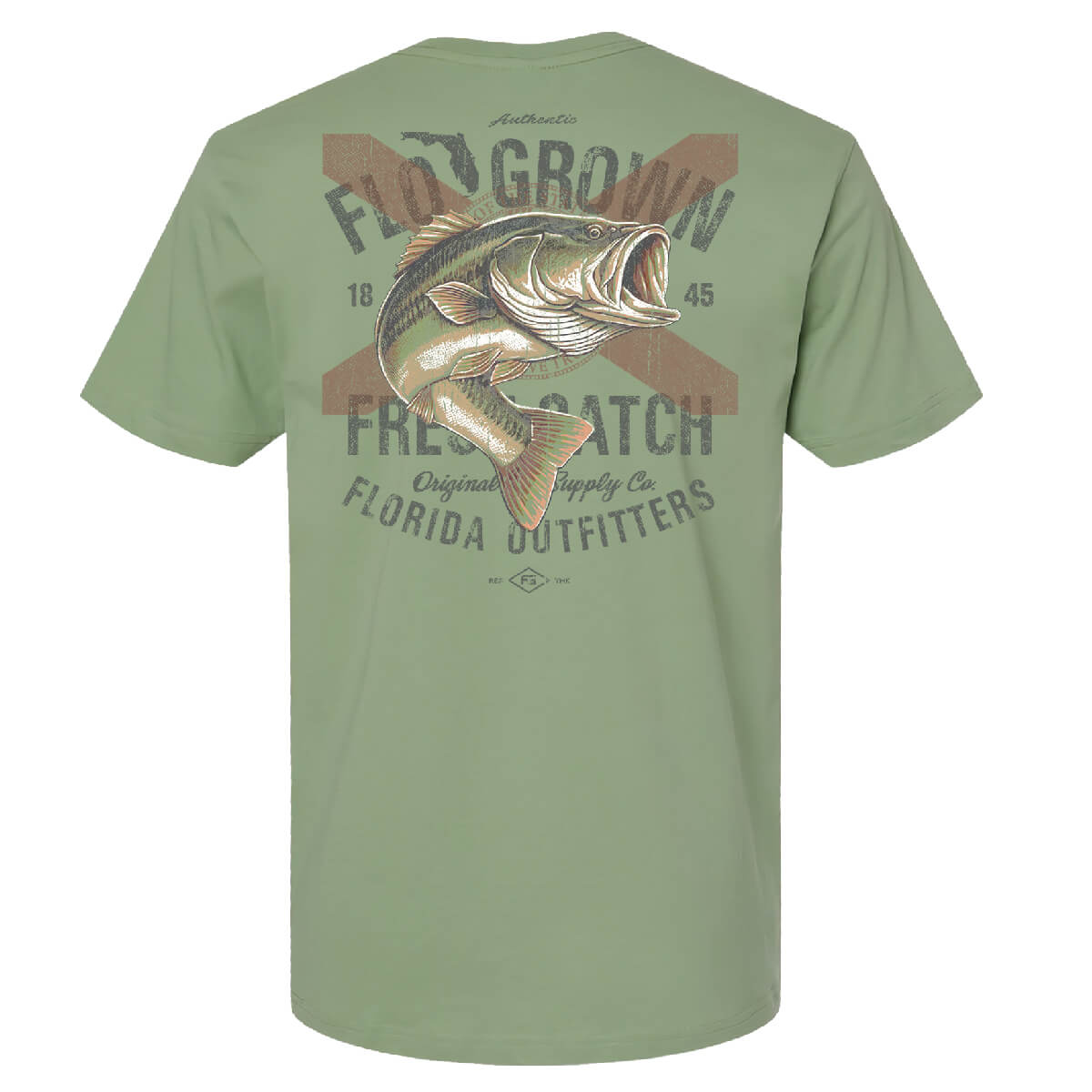 Green shirt with a bass in front of a Florida flag with the FloGrown logo in a washed template.