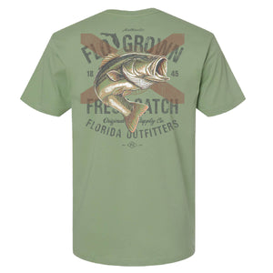 Green shirt with a bass in front of a Florida flag with the FloGrown logo in a washed template.