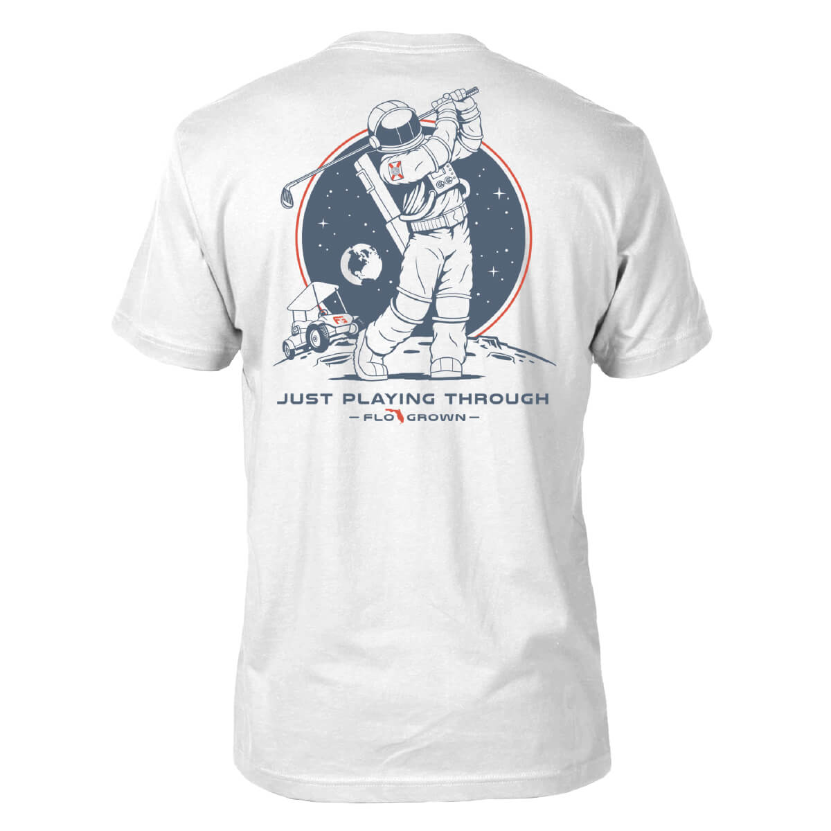White shirt with a design of an astronaut golfing in front of a circular background.