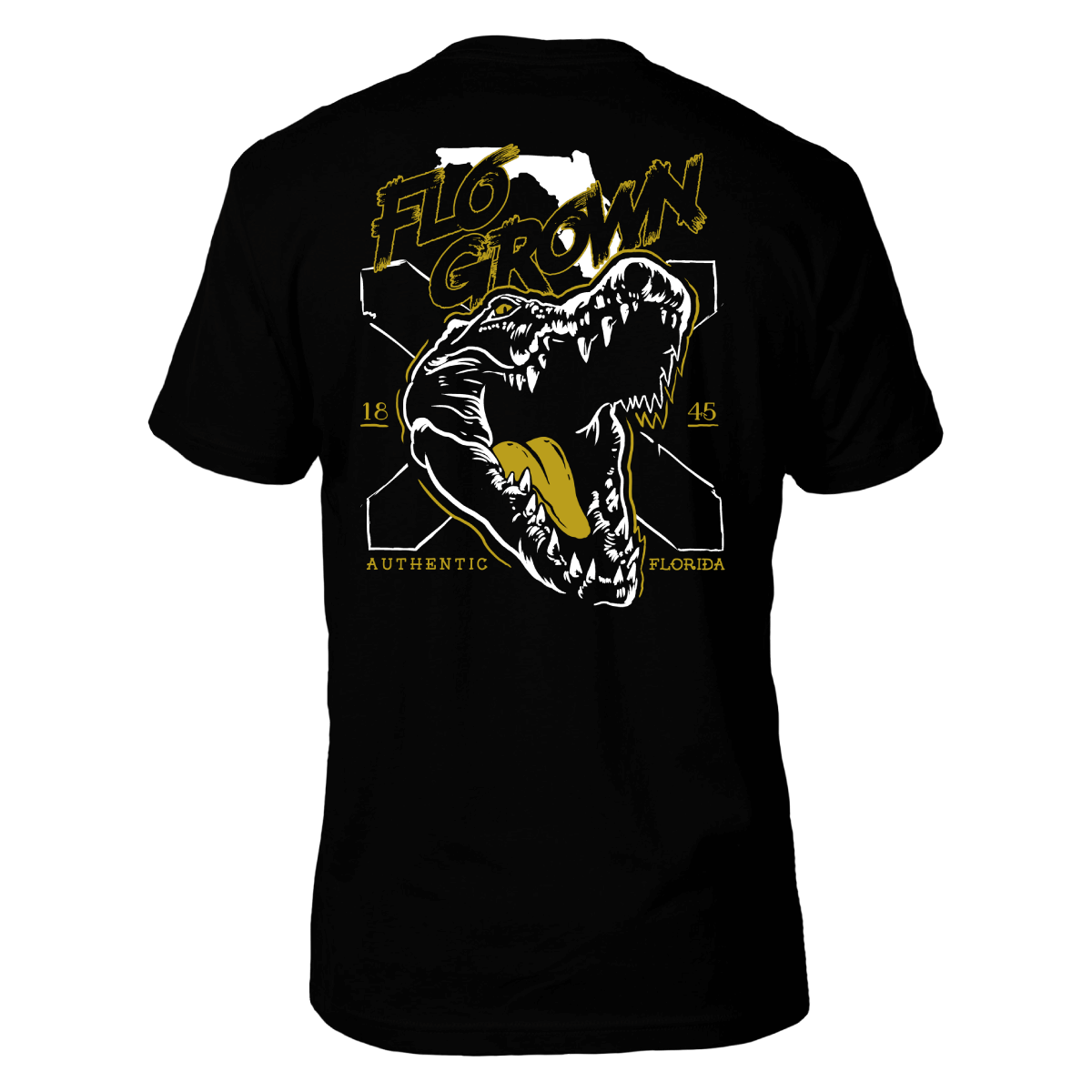 Black tee with a graphic of a gator's open mouth over the Florida flag.