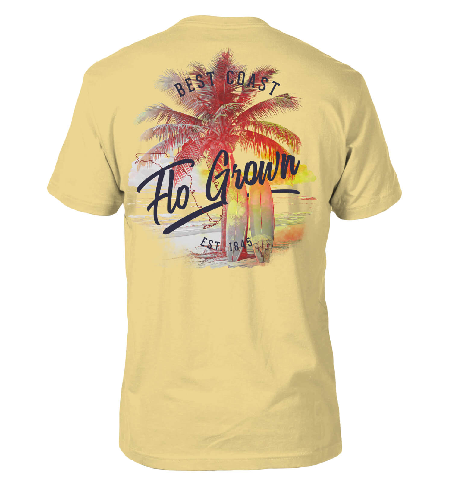 Yellow tee with a graphic of surfboards leaning against a palm tree at the beach at sunset.