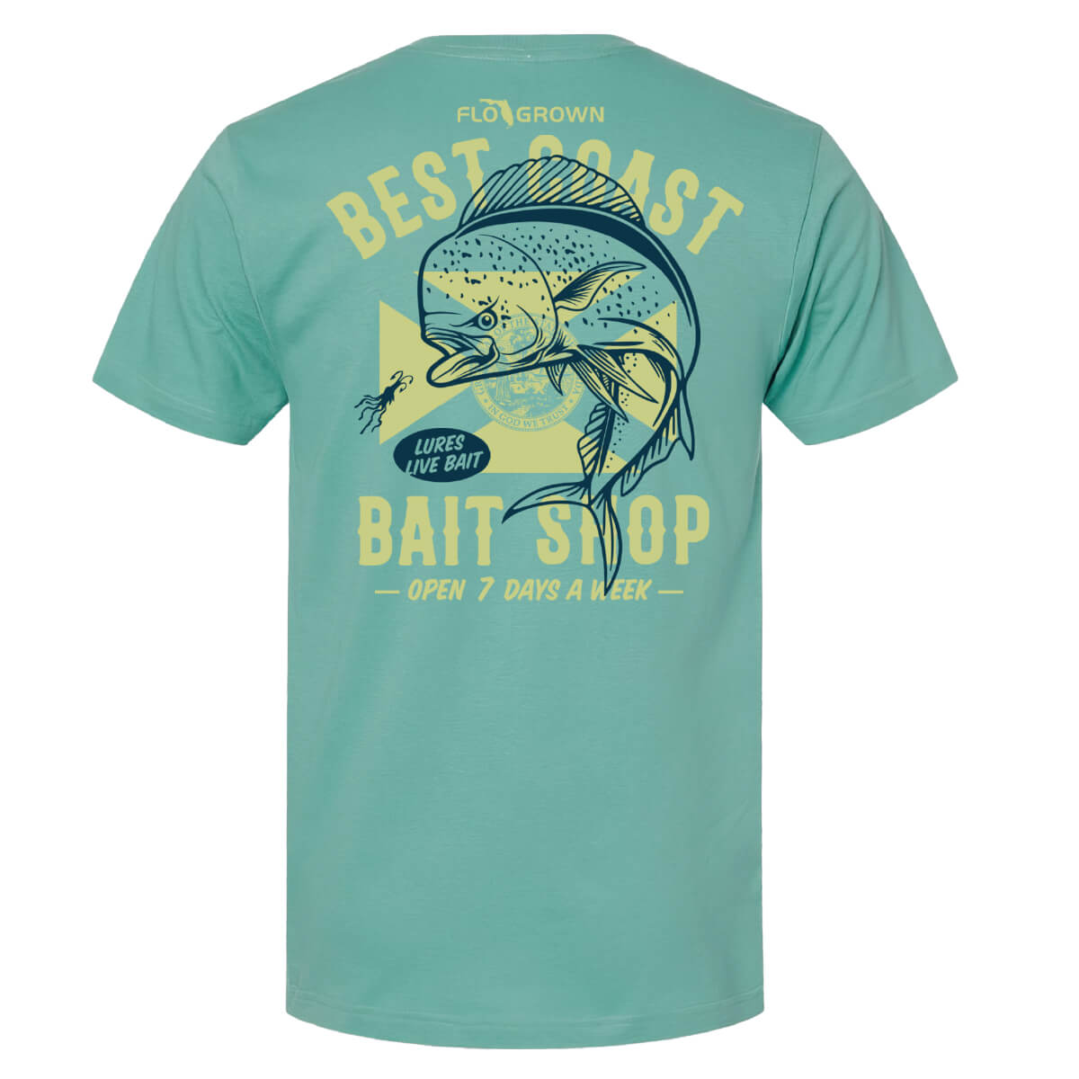 Turquoise tee with a mahi over a Florida flag on the back with text 'BEST COAST BAIT SHOP'. 