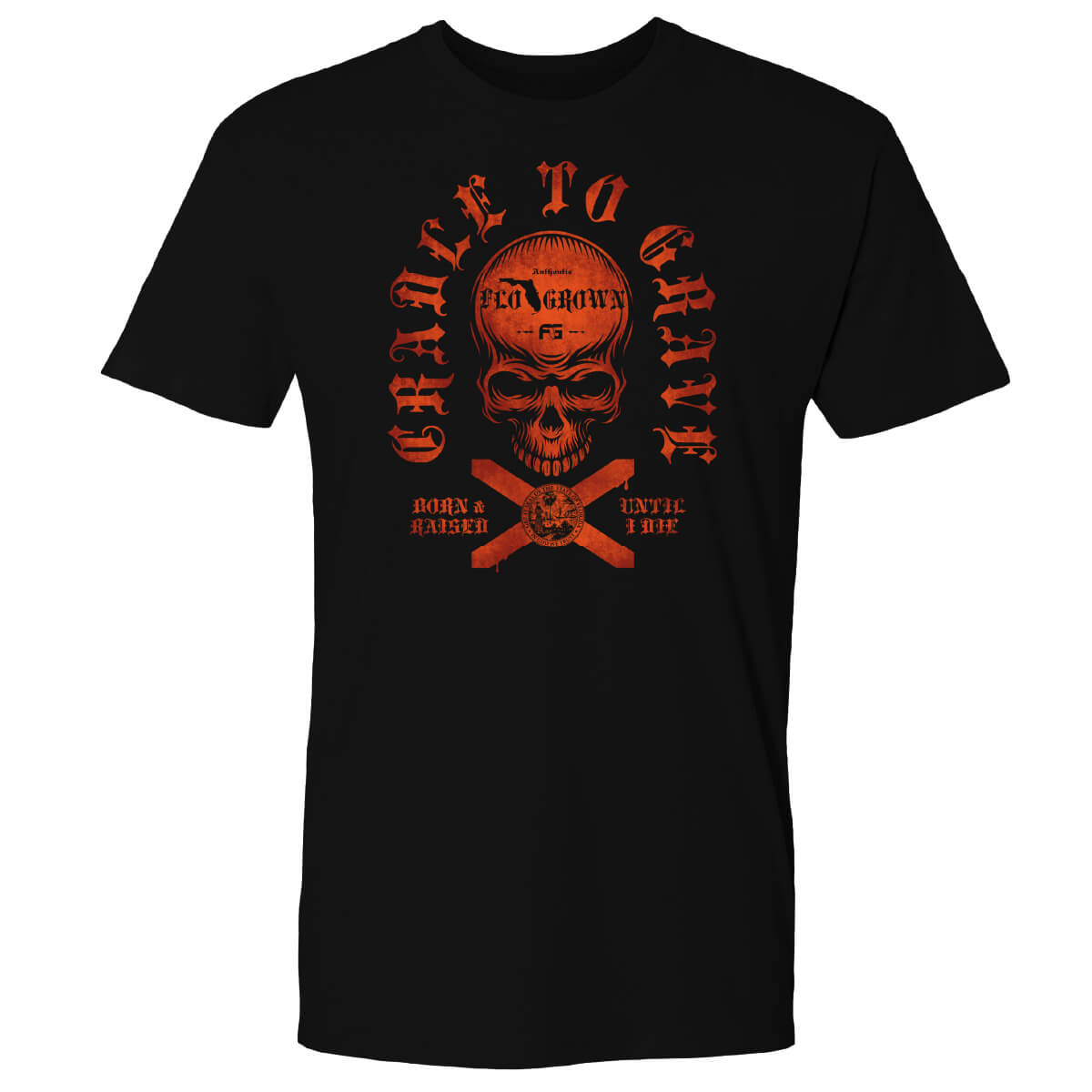 Black t-shirt with a red/orange design of a skull with text in an arch over it 'CRADLE TO GRAVE' and a Florida flag.