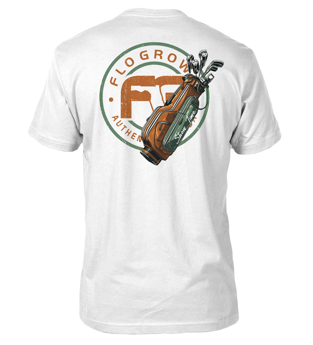White t-shirt with golf bag graphic and FloGrown logo.