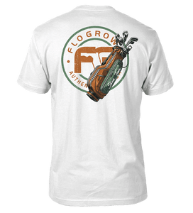 White t-shirt with golf bag graphic and FloGrown logo.