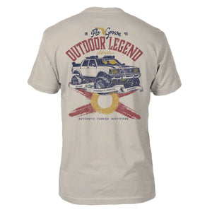 Back of beige t-shirt with a vintage design featuring a truck and the Florida flag with text 'OUTDOOR LEGEND'.