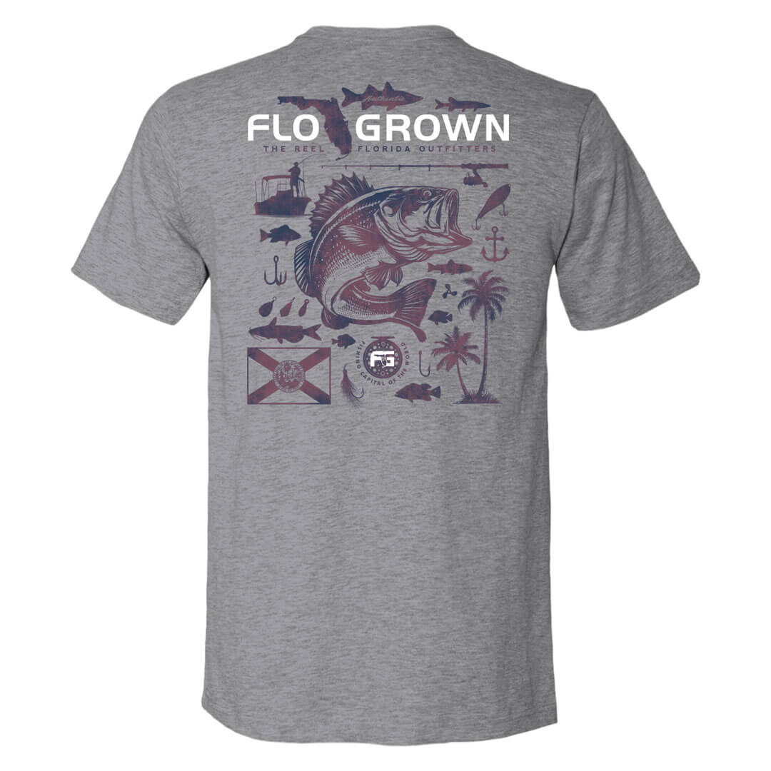 Back of gray t-shirt with multiple fish and fishing tools like lures and anchors with the FloGrown logo on upper back.