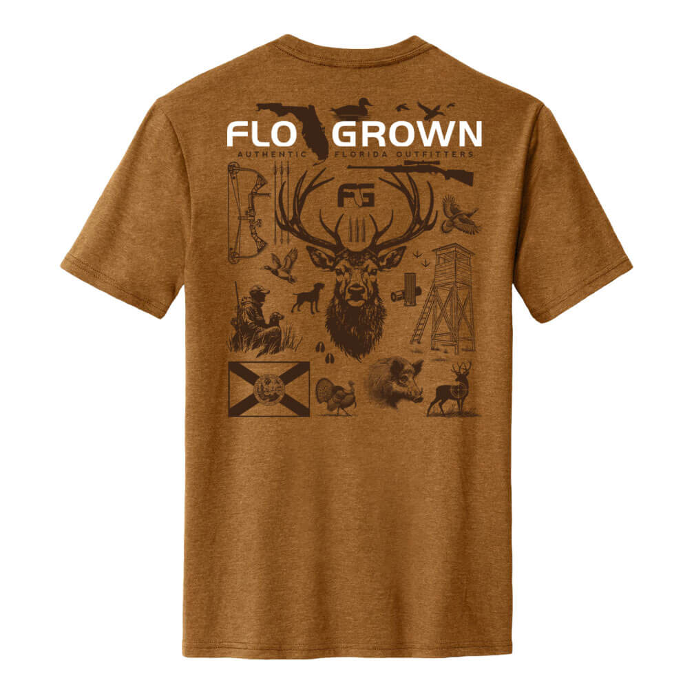 A brown shirt with a vertical rectangular graphic of different hunting tools and animals in black.