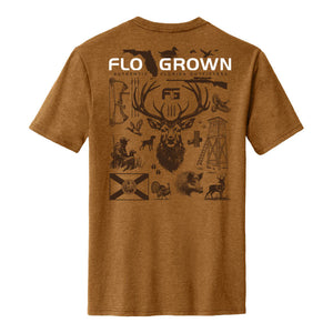 A brown shirt with a vertical rectangular graphic of different hunting tools and animals in black.