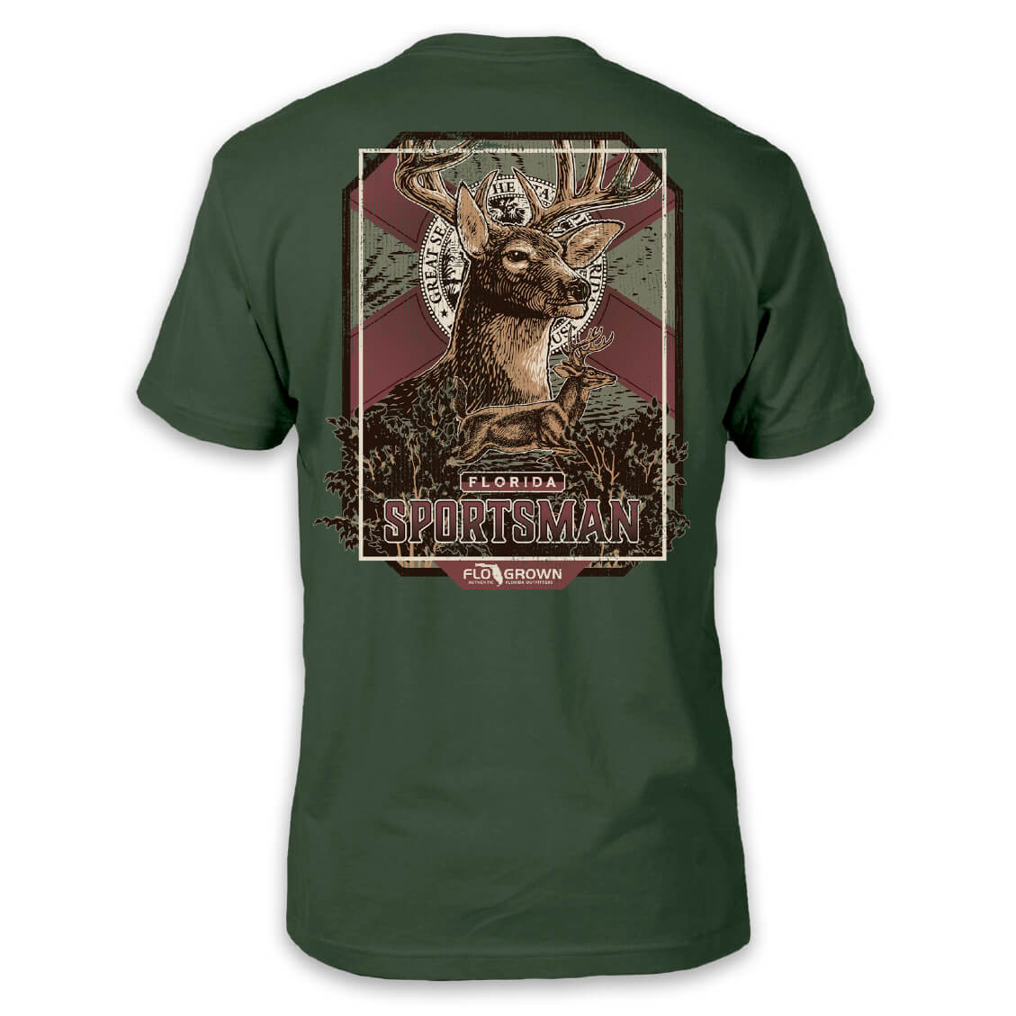 Green shirt with a graphic of a deer and the Florida flag behind it with text 'FLORIDA SPORTSMAN'.
