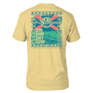 Yellow shirt with a graphic of the ocean and the Florida flag with the text 'SUN SURF SALT SAND'.