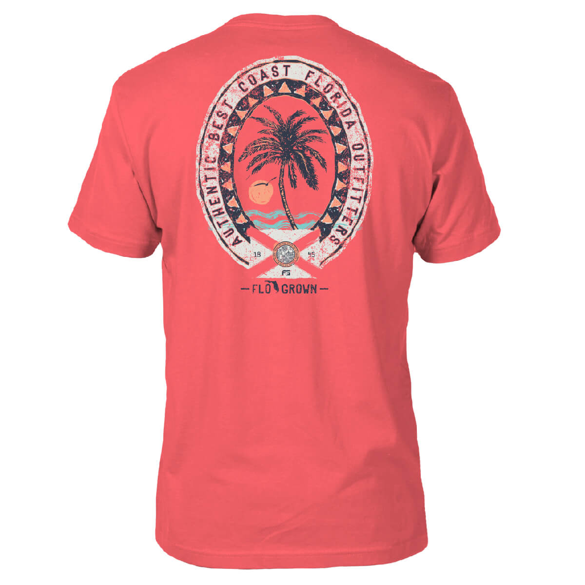 Red t-shirt with a palm tree and a sunset in an oval shaped crest on the back.