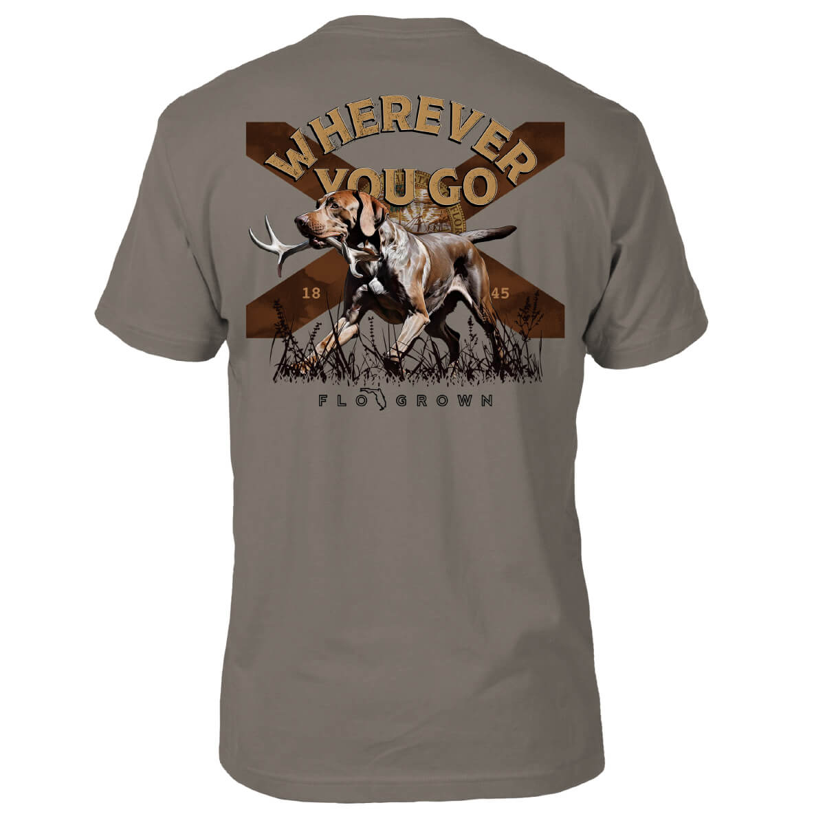 Gray shirt with a Florida flag on the back and a dog holding deer antlers.
