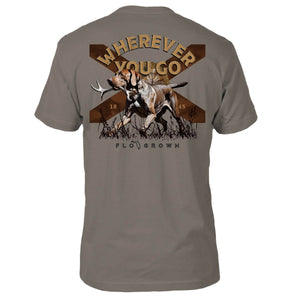 Gray shirt with a Florida flag on the back and a dog holding deer antlers.