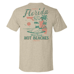 Beige t-shirt with Florida beach graphic on  the back.