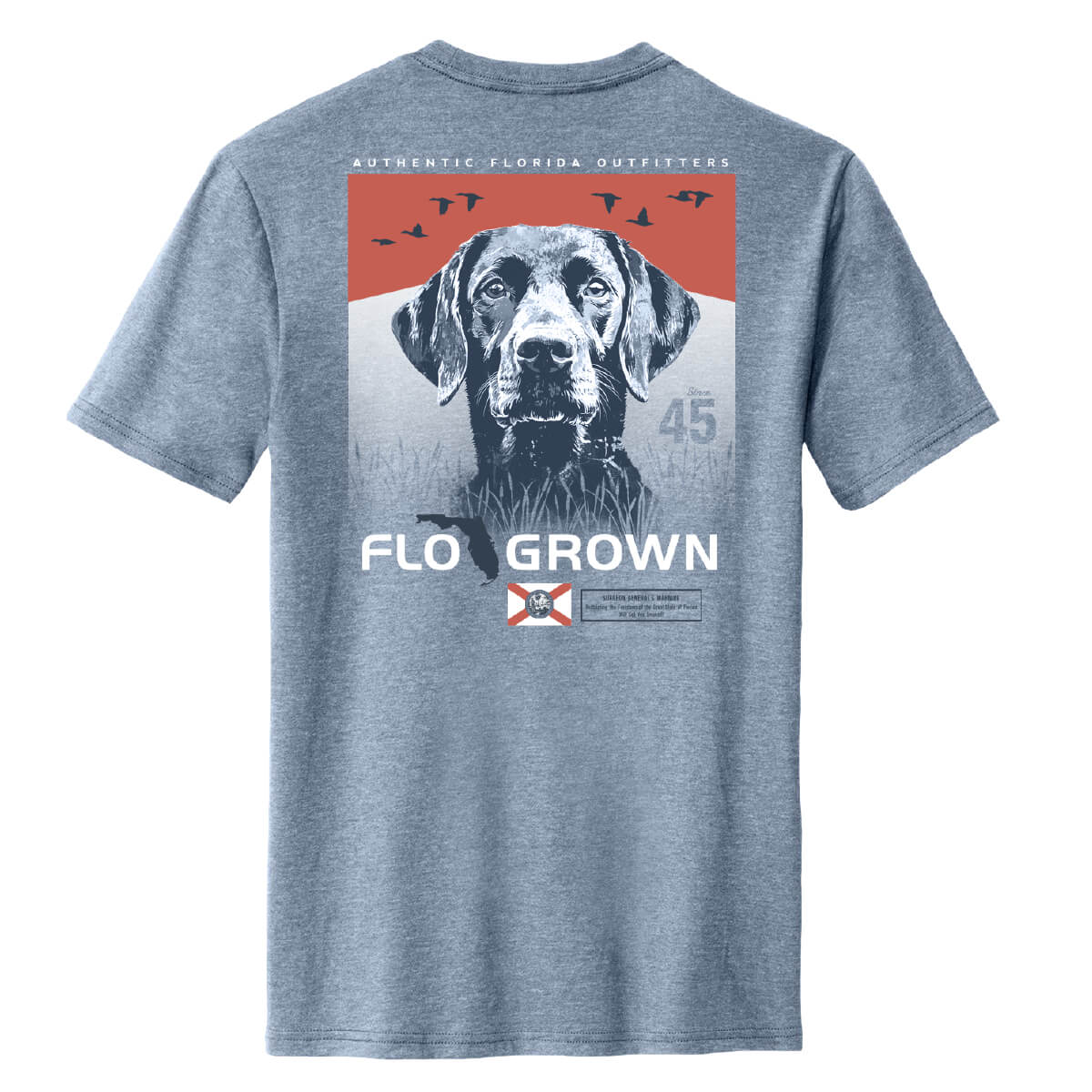 Gray shirt with a graphic of a dog with geese flying over it and the FloGrown logo underneath.
