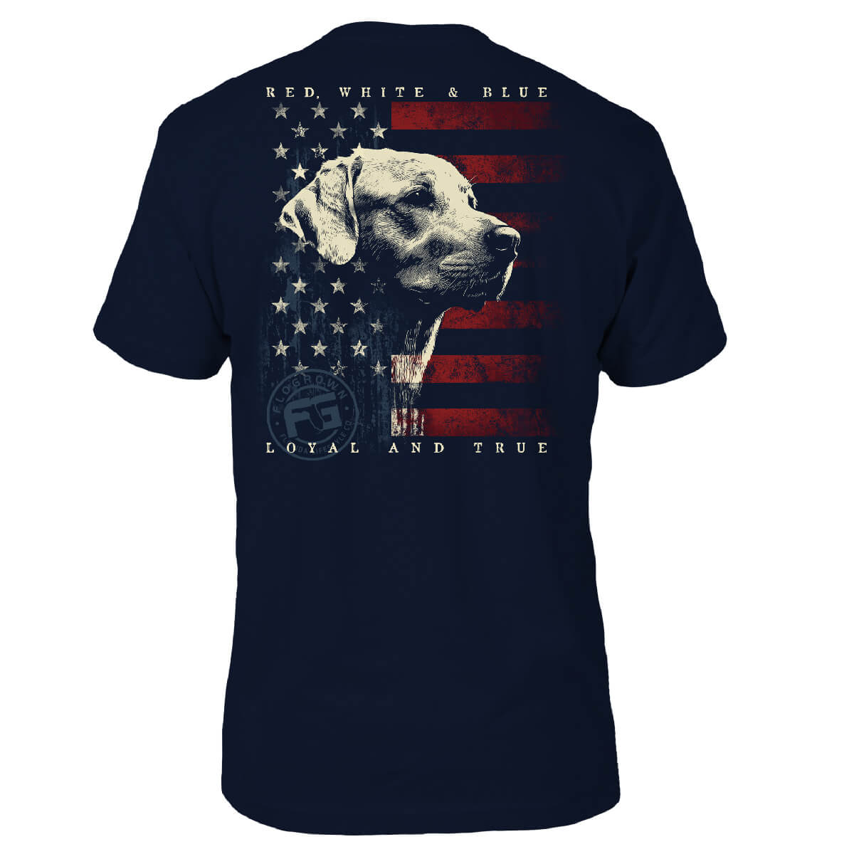 Navy tee with an American flag on the back and a golden retriever.